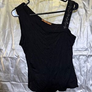 Belldini Black Asymmetrical Blouse with Embellished Strap